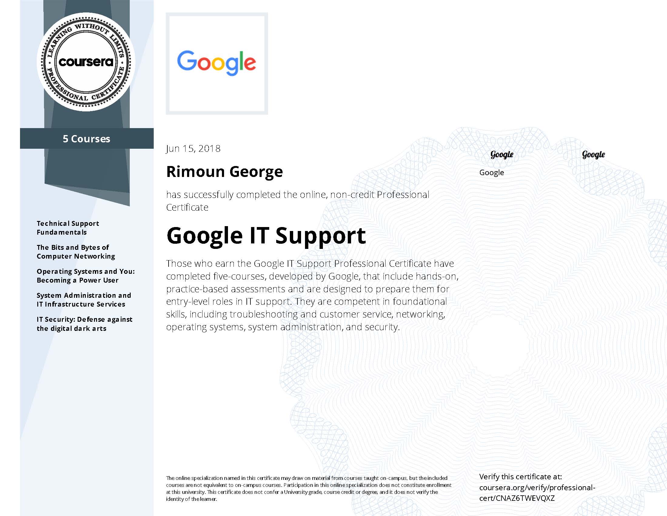 Google IT Support Professional Certificate